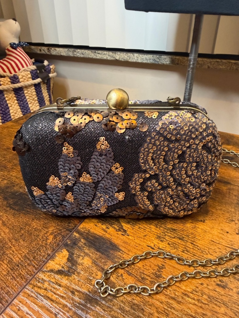 Vintage Darling Sequin Embellished Black Evening Clutch with Gold/Bronze Chain